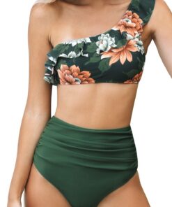 CUPSHE Femme Bikini Floral Motif One Shoulder Asymétrique 2 Piieces Maillot de Bain Voiles
