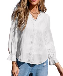 Chemisier femme en dentelle élégant manches longues col V pour femme décontracté ou occasionnel, 100% polyester, mode te