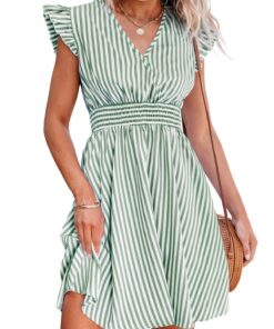 **CUPSHE Mini Robe d'été pour Femme - Col V, Manches Flottantes Rayées, Taille Smockée - Rafraîchissante, Spécial Summer