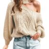 **CUPSHE Pull à épaules dénudées léger pour femme, manches longues, col montant, décontracté**