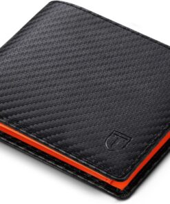 TEEHON Portefeuille Homme en Cuir Véritable à Blocage RFID/NFC | 9 Porte-Cartes, 2 Compartiments à Billets | Noir/Orange