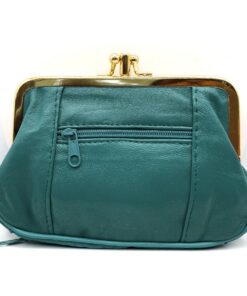 Charmoni Portefeuille Femme Bleu Canard - Fermoir Clic Clac - Poche Zippée - Cuir d'Agneau - 15x10x1cm