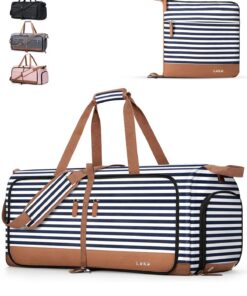 Lekesky Sac de voyage pliable pour femme, grande capacité avec compartiment à chaussures, bleu rayures (80L) DE