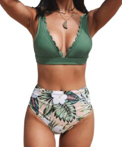 CUPSHE Femme Bikini Set Col V Floral Festonné Taille Haute Ventre Contrôle Swimsuit