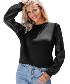 CUPSHE Chemisier en similicuir longues manches bouffantes col rond pour femme
