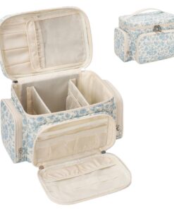 Relavel Grande trousse de toilette pour femme avec compartiment porte-pinceaux, organiser voyage, fleur bleue