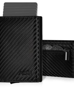 AISIR Portefeuille Homme Noir de Carbone, Slim avec Pince à Billets, Compartiment à Monnaie et Porte Cartes pour Homme