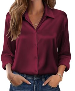 Zeagoo Chemise boutonnée en satin pour femme - Col en V - Pour le travail et le bureau - Tunique automne longue