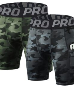 LANBAOSI Shorts de compression pour homme - Lot de 2 à 3 - Camouflage/vert camouflage - Séchage rapide - Idéal pour runn