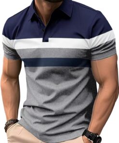 Comilaka Polo Homme Manches Courtes Foncé Couleur Contrastée Été Casual Rayures