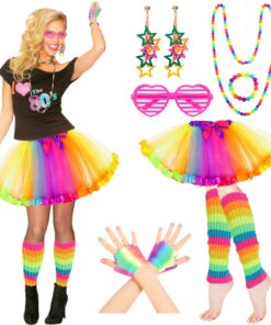Hifot Femme Annee 80 Deguisement Néon Tutu Lunette Colliers Bracelets Soiree Fluo Costume