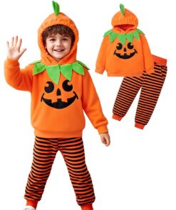 Costume Halloween Enfant Citrouille 2 Pièces, Deguisement Citrouille Sweat Capuche et Pantalon rayé Fille Garçon 2-6 ans