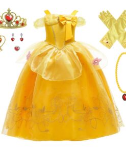 New front Robe de Princesse Fille La Belle et la Bête Collier Baguette Magique Cosplay Noël Anniversaire 3 à 8 ans
