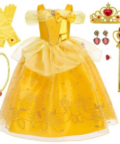Cnexmin Robe de Fille La Belle et La Bête Enfant Deguisement Robe Princesse Cosplay avec Couronne et Collier 2-13 ans An