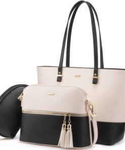 LOVEVOOK Sac à main femme cuir PU végétalien grand sac fourre-tout pour femme usage collège affaires Ensemble 3 pièces