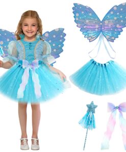 4 Pièces Deguisement Fee Fille Princess Enfant pour Fête Carnaval Cosplay | Robes, Ailes de Papillon, Baguette Magique,