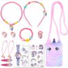 AUNGCSHE Bijoux Licorne Fille 13 PCS | Ensemble Bijoux Enfant | Tatouage| Sac| Collier| Bracelet| Bague| Boucles D'Oreil