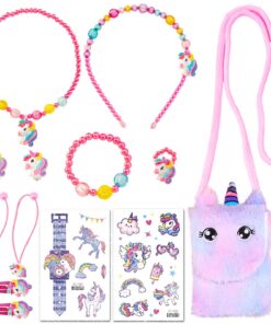 AUNGCSHE Bijoux Licorne Fille 13 PCS | Ensemble Bijoux Enfant | Tatouage| Sac| Collier| Bracelet| Bague| Boucles D'Oreil