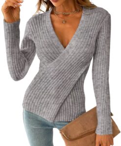 CUPSHE Pull côtelé à manches longues pour femme, tricot d'automne avec col en V - doux - idéal pour le travail