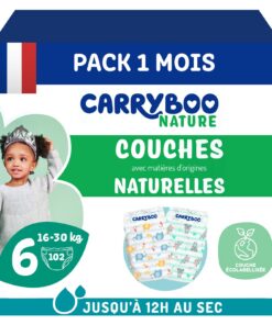 Couches Carryboo Naturelles Peaux Sensibles Ultra Absorbantes 102 Couches-Pack 1 Mois