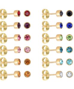 JMFENFA Boucles d'oreilles en acier inoxydable plaqué or jaune 18 carats avec oxyde de zirconium - Lot de 12 paires