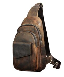 Hommes Plein air Voyage Randonnée Thé Bandoulière Sac à Dos Cuir Marron Foncé (8013 A)
