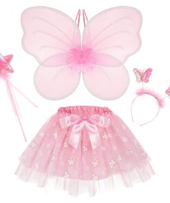 Hifot Princesse Fête Anniversaire Costume Enfant,Papillon Fille Ailes de Fée Enfant Ensemble Baguette Magique Costume Fê