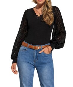 CUPSHE Chemisier à col en V contrasté en dentelle à manches longues bouffantes pour femme tendance et confortable en cot