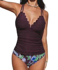 CUPSHE Tankini pour Femme - Bretelles Réglables & Taille Mi-Haute - Maillot de Bain Deux Pièces avec Col V Festonné