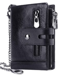 REETEE Portefeuille en Cuir Homme Anti Vol, 16 Fentes Cartes, Fermeture Éclair, Poches Monnaie, Chaine Accessoire (Noir)