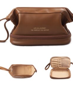 Abiudeng Trousse de toilette de voyage en cuir PU Marron Grande capacité Imperméable Organisateur pour articles de toile