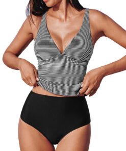 CUPSHE Tankini two pieces en rayures pour femme - Col en V plongeant - Bretelles réglables - Idéal pour la plage - Taill
