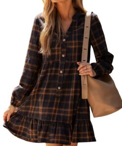 CUPSHE mini robe d'automne à carreaux verte et noire avec ourlet à volants et col en V pour femme pour la saison automna