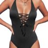 Maillot de bain 1 pièce à lacets Dos croisé Texturé Lace Up Noir XS Femme