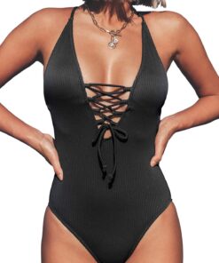 Maillot de bain 1 pièce à lacets Dos croisé Texturé Lace Up Noir XS Femme