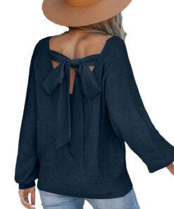 CUPSHE Pull à manches longues et col en V pour femme avec nœud dans le dos - Mode 2023 - Style - Idéal pour le quotidien
