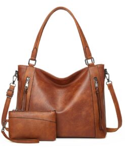 VINBAGGE Sac à Main Femme PU Fourre-Tout 2 Pièces Ensemble Sacs Main et Bandoulière pour Femme - Brun