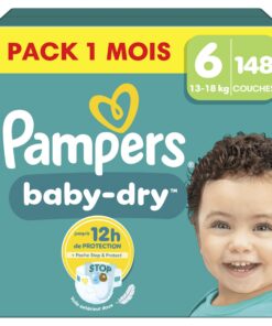 Pampers Baby-Dry Taille 6, 148 Couches, 13-18kg : Une nuit jusqu'à 100% sans fuites avec Poche Stop & Protect, Pack 1 Mo