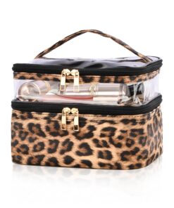 Daelesr 2 en 1 Trousse Maquillage Femme Leopard, Grande Capacité avec Poche Pinceau, Séparateur Imperméable, Organisateu