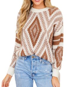 Pull à manches longues décontracté femme - Motif géométrique élégant pour tenue quotidienne - Disponible en plusieurs co