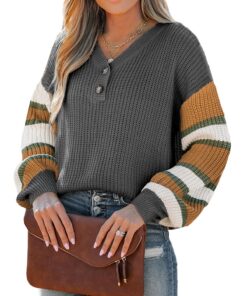CUPSHE Pull décontracté pour femme en autumn - Pull d'automne rayé Henley avec col V et boutons tricotés - Modele Henley