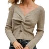 CUPSHE V-Neck Twist Front Wrap Dress for Women, Light Brown, XL - Fashionable Wrap Dress, Comfortable Fit, Casual Party