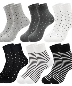 VEGCOO 6 Paires de Chaussettes Femelles en Coton, Rayures et Pois pour Femmes, Idéales pour un Usage Quotidien, Taille 3