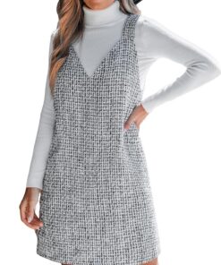 Robe CUPSHE pour femme - Tweed - Col en V - Sans manches - Robe décontractée - Robe d'automne - Mini robe - Noir et blan