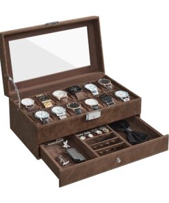 SONGMICS Boîte à Montres Couvercle en Verre Doublure en Marron Idéal en Gift PU Marron JWB012K01