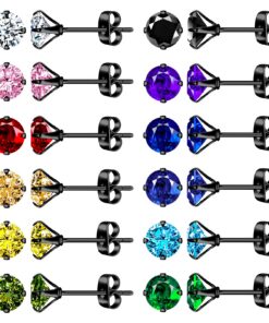 Feilok Lot de 12 paires de boucles d'oreilles colorées en acier inoxydable pour hommes et femmes 4/6/8 mm - Accessoires