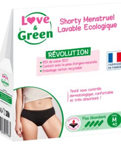 Love & Green Shorty Menstruel Lavable en Coton Taille M Flux Normal Coussinets à 4 Couches Fabriqué en France