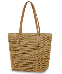 Sac Aucuu à bandoulière en paille pour femme, grand sac à main à fermeture éclair, sacs fourre-tout bohème idéal pour l'
