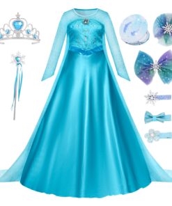 Robe de princesse Elsa pour fille - New front - Maternelle - Fête d'anniversaire - Carnaval - Couronne et baguette magiq