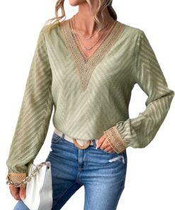 [CUPSHE Dentelle Tissu Chemise à Manches Longues] + [Vert] + [Col en V Texture Chevron] + [Femmes] + [Usage quotidien] +